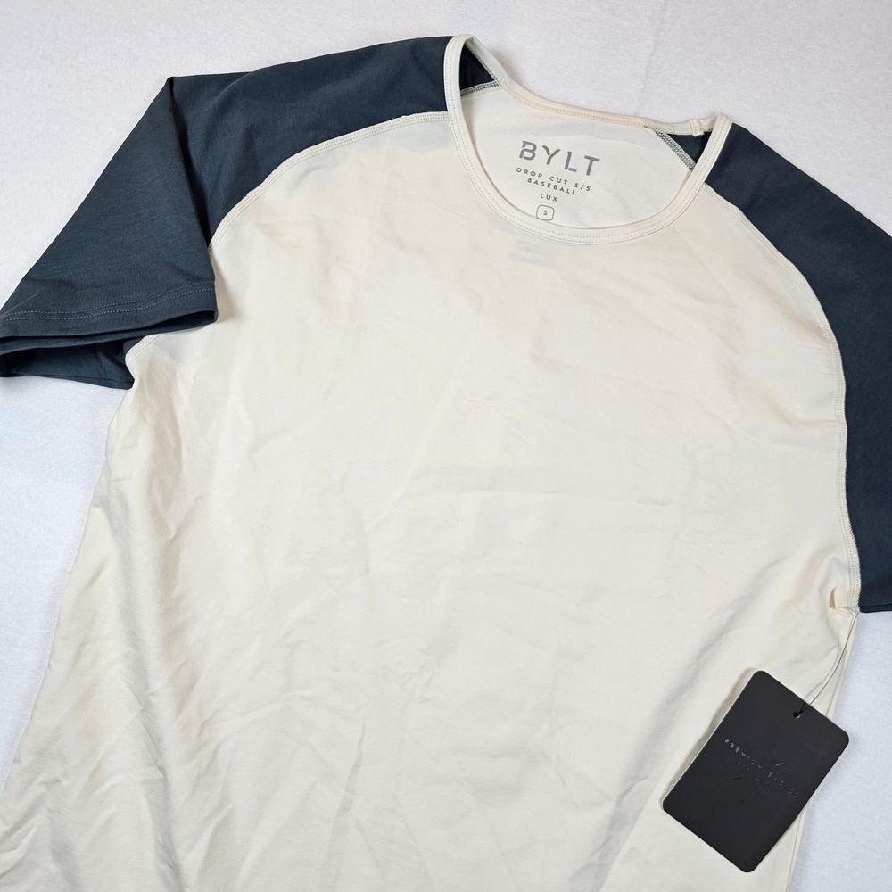 BYLT Premium Basics Drop Cut Baseball Lux Shirt Mens Small Cream Grey NWT